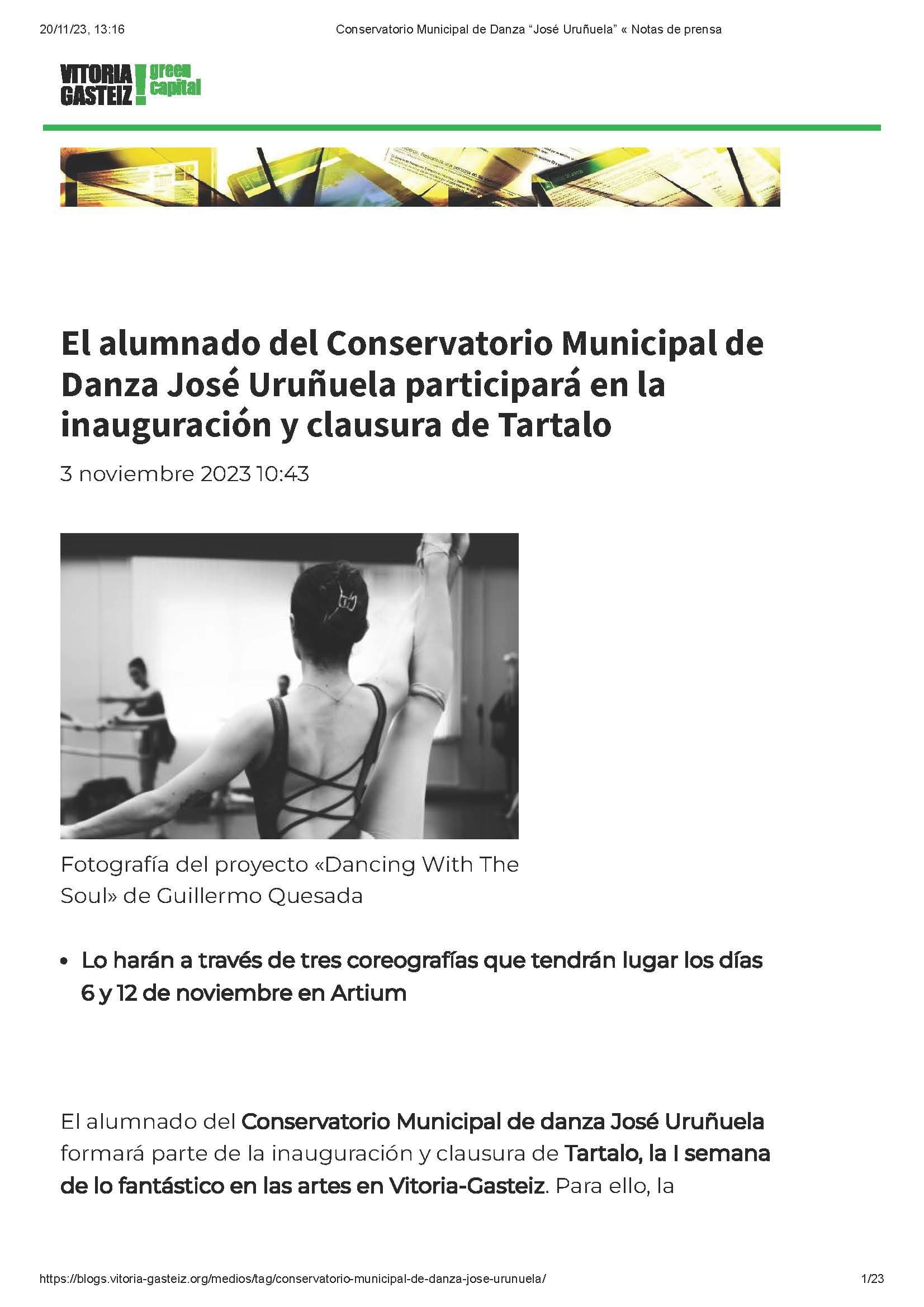 Students from the José Uruñuela Municipal Dance Conservatory will participate in Tartalo's opening and closing ceremonies